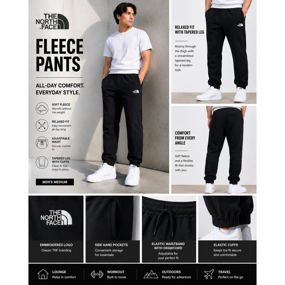 The North Face Mens Black Fleece Tapered Jogger Pants Medium Relaxed Fit